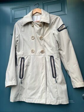 Athleta Cream Double-Breasted Trench Coat with Contrast Zips